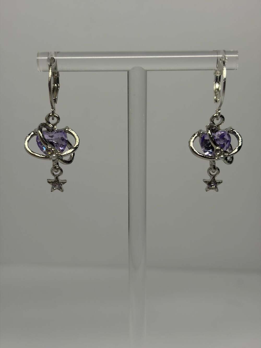 Stainless Steel Silver-Tone Purple Heart Planet Saturn and Star Dangle Earrings